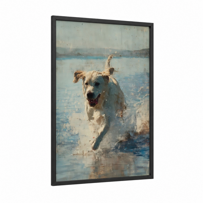 Joyful Spitz Running framed art print — black wood frame — blue and white and gold palette