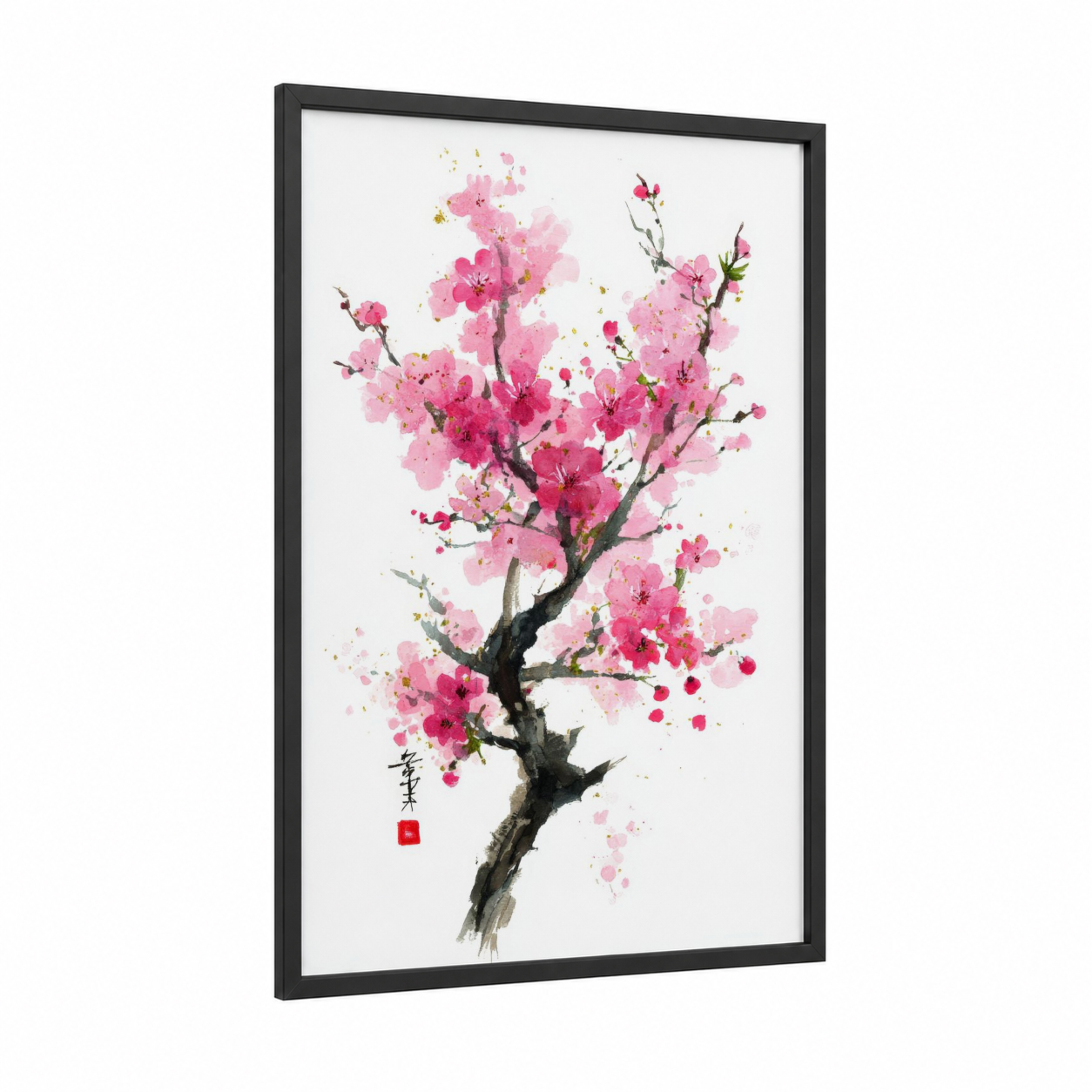 Pink Cherry Blossom framed cherry blossoms print — black wood frame — pink and gold palette