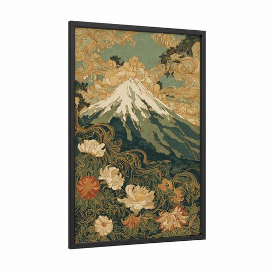 Ornate Mount Fuji framed art print — black wood frame — gold and dark green palette