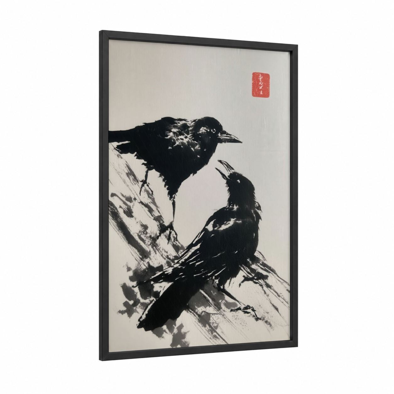 Perched Ravens Pair framed crows and ravens print — black wood frame — black and white palette