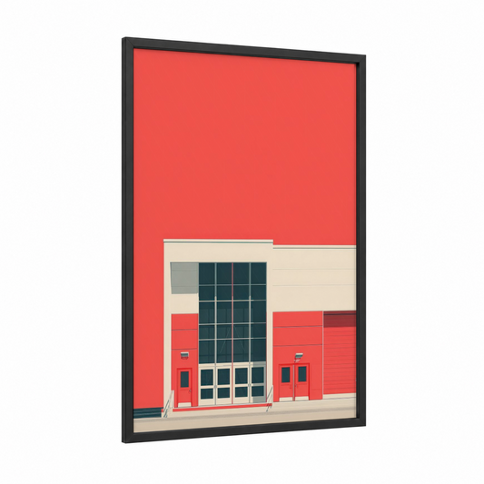 Red Firehouse Facade framed fire station print — black wood frame — red and cream palette