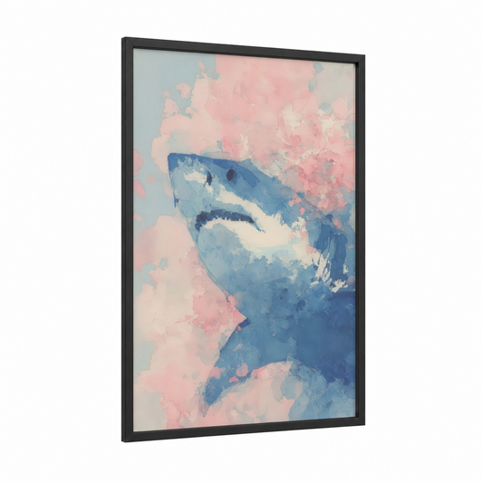 Azure Shark Abstract framed blue shark print — black wood frame — blue and white and pink palette