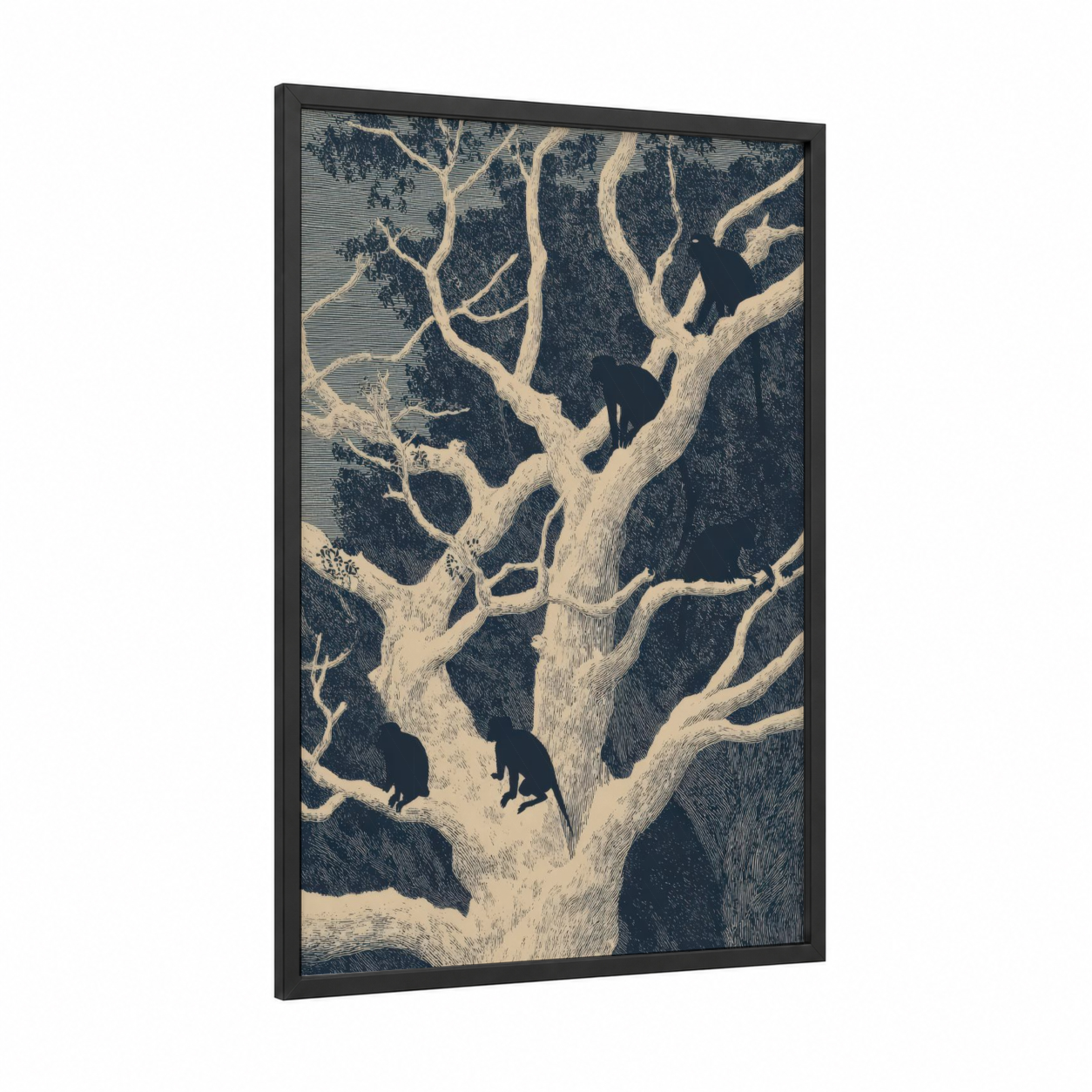 Climbing Primates framed tropical trees print — black wood frame — black and white and cream palette