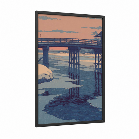 Winter Bridge Crossing framed art print — black wood frame — peach and dark blue palette