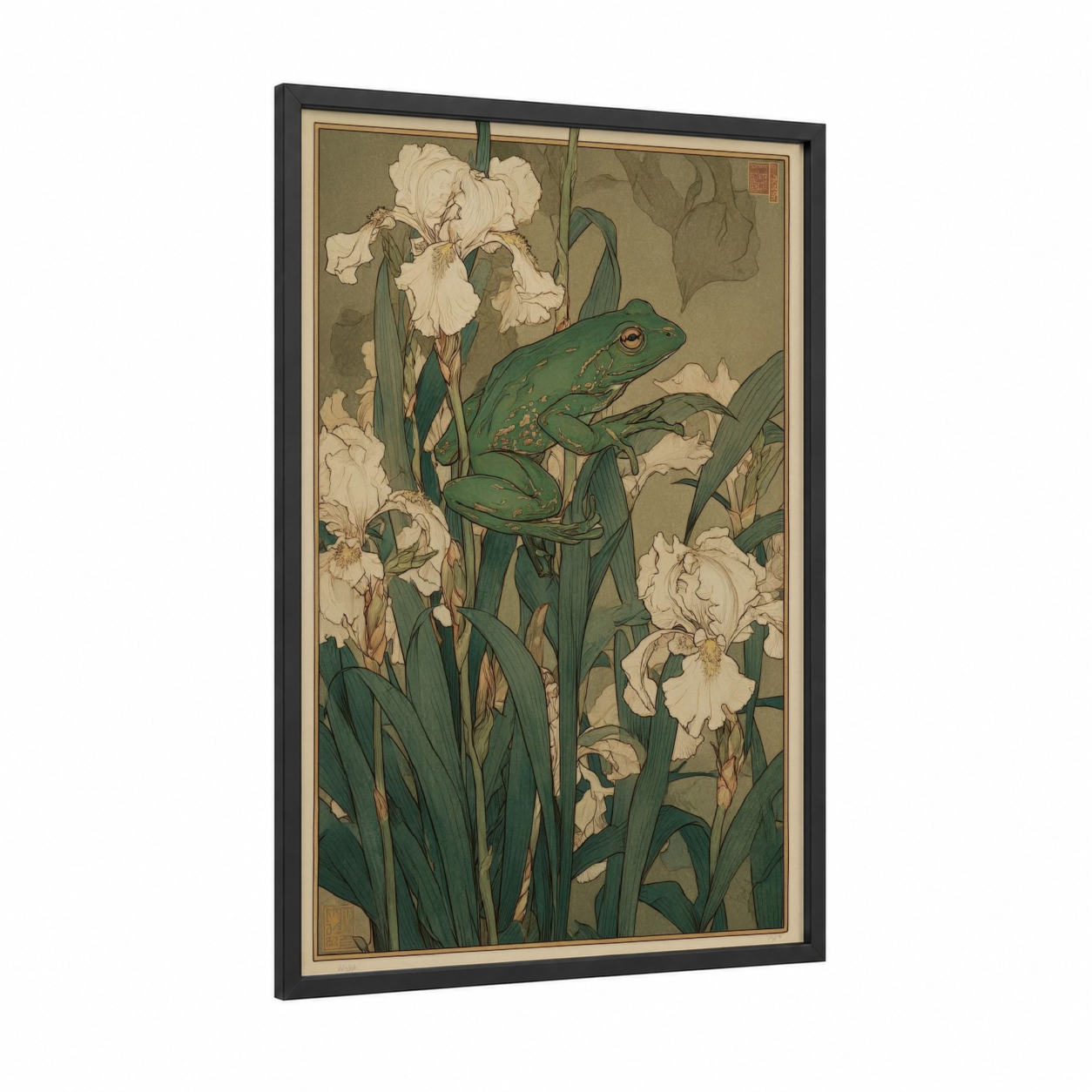 Iris Frog framed frogs and toads print — black wood frame — cream and true green palette