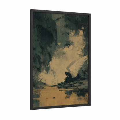 Fallen Angel framed dark fantasy print — black wood frame — dark green and champagne gold palette