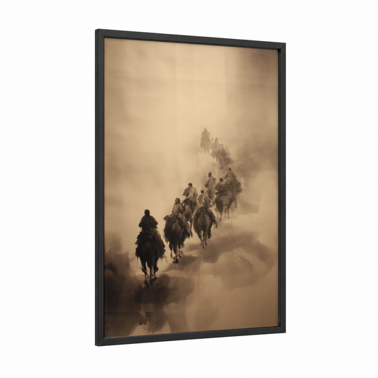 Desert Caravan framed camel print — black wood frame — champagne gold and black and white palette