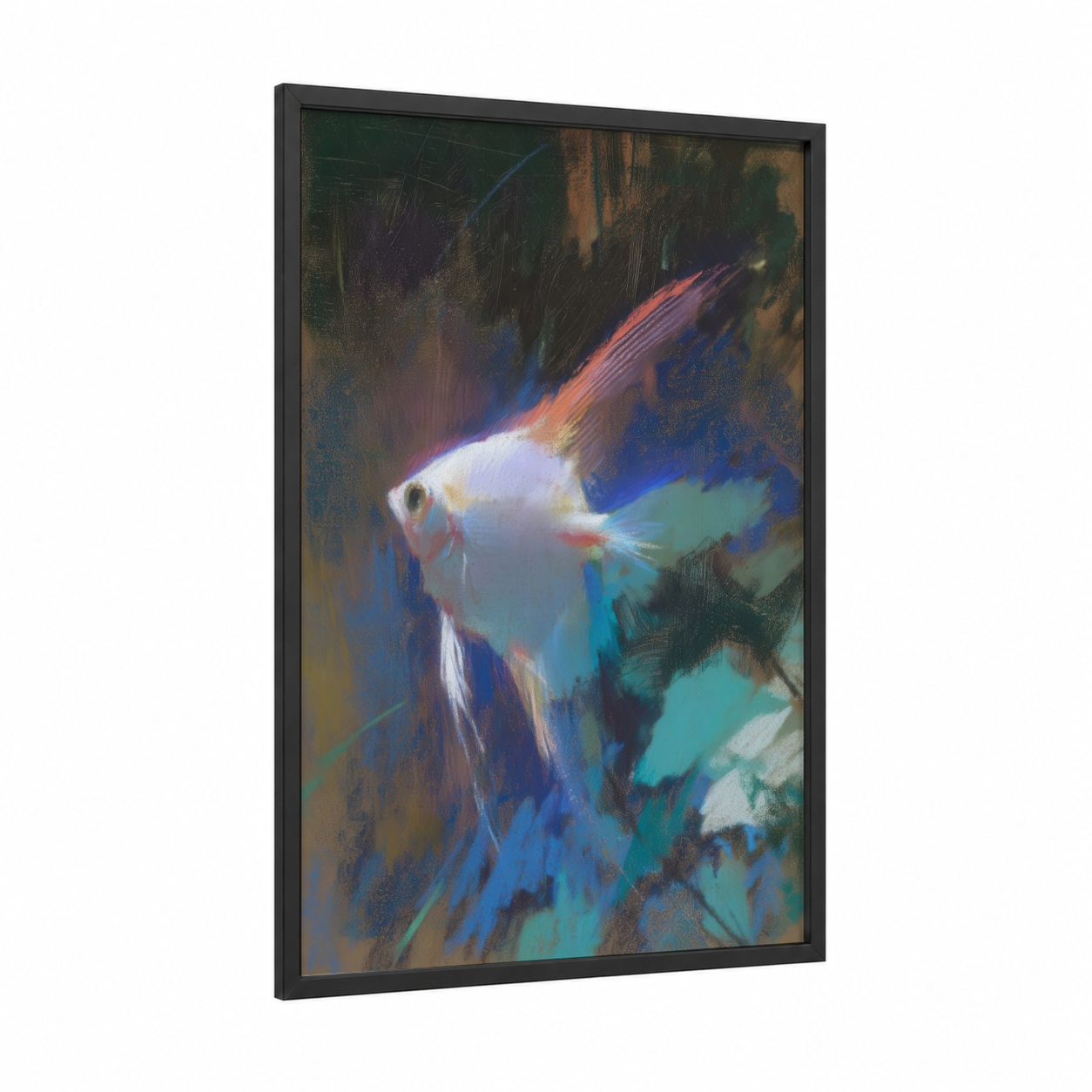 Ethereal Angel Fish framed art print — black wood frame — blue and orange palette
