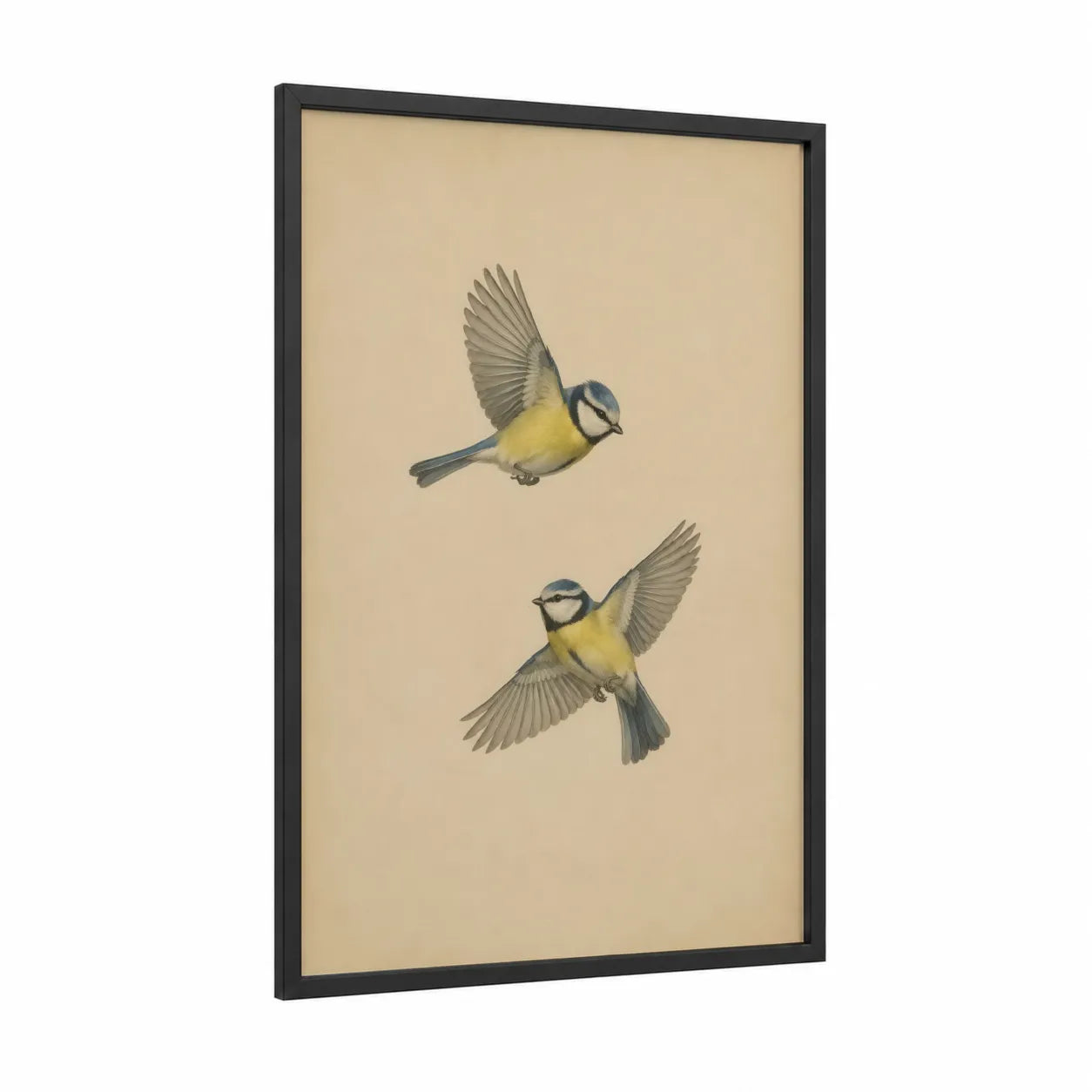 Blue Tit Songbirds in Flight Wall Art framed art print — black wood frame — beige and yellow palette