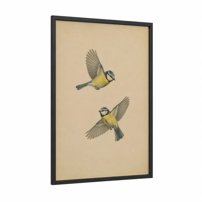 Blue Tit Songbirds in Flight Wall Art framed art print — black wood frame — beige and yellow palette