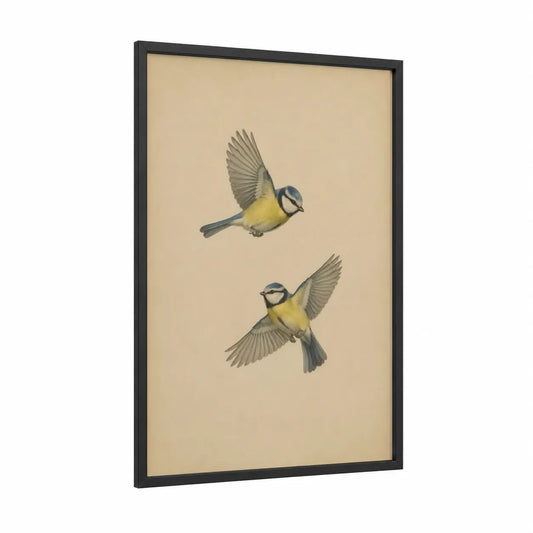 Blue Tit Songbirds in Flight Wall Art framed art print — black wood frame — beige and yellow palette