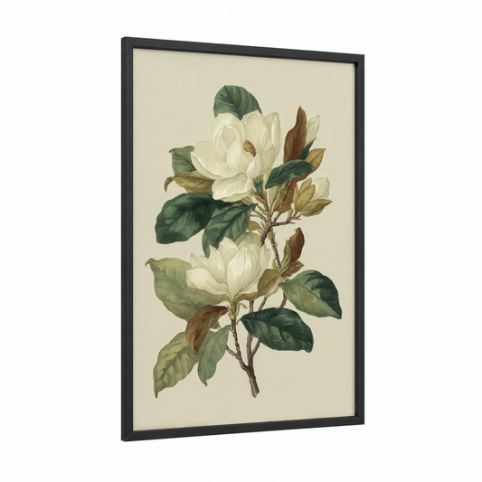 Cream Magnolia Branch framed art print — black wood frame — cream and dark green palette