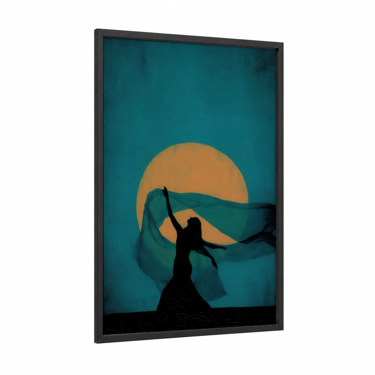 Moonlit Dancer framed belly dance print — black wood frame — teal and gold palette