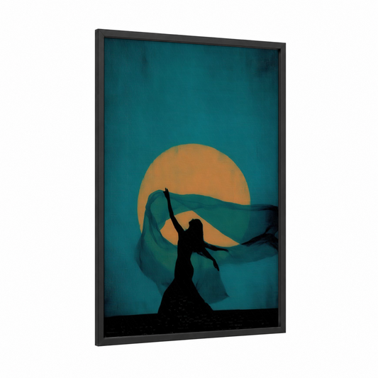 Moonlit Dancer framed belly dance print — black wood frame — teal and gold palette