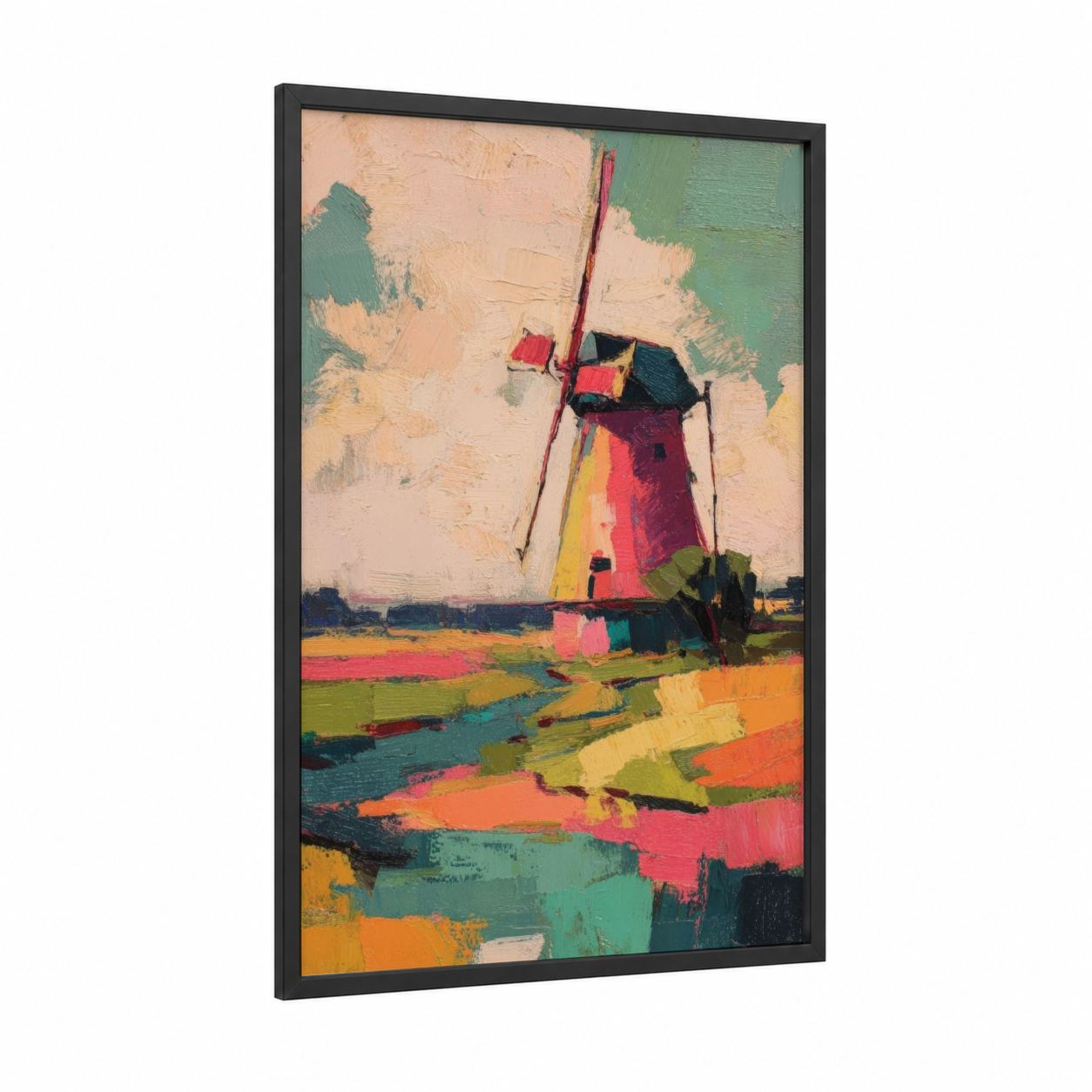 Vibrant Windmill Landscape framed windmills print — black wood frame — orange and teal palette
