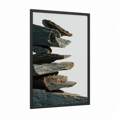 Stacked Stone Peaks framed natural stones print — black wood frame — bermuda gray and gold palette