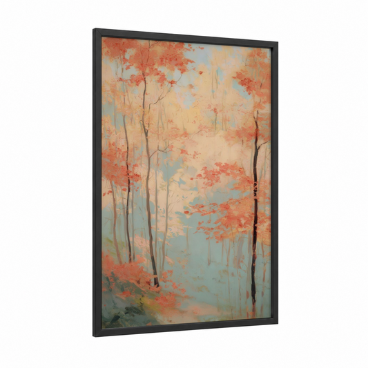 Crimson Maple Forest framed art print — black wood frame — pumpkin and blue palette