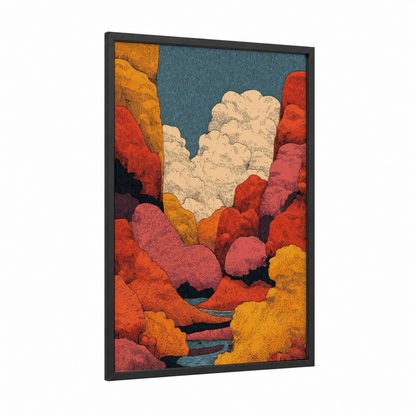 Autumn Canyon Vista framed art print — black wood frame — orange and blue palette