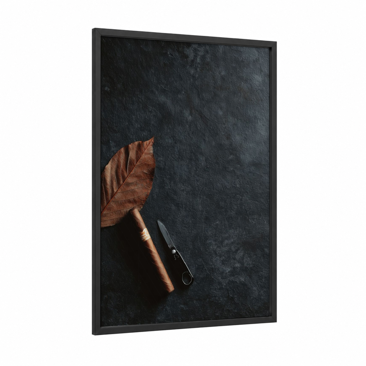 Autumn Cigar Moment framed cigars print — black wood frame — black and russet palette