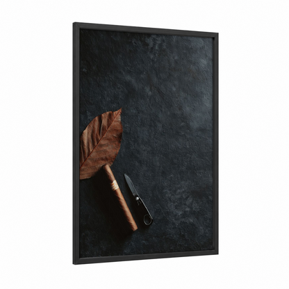 Autumn Cigar Moment framed cigars print — black wood frame — black and russet palette