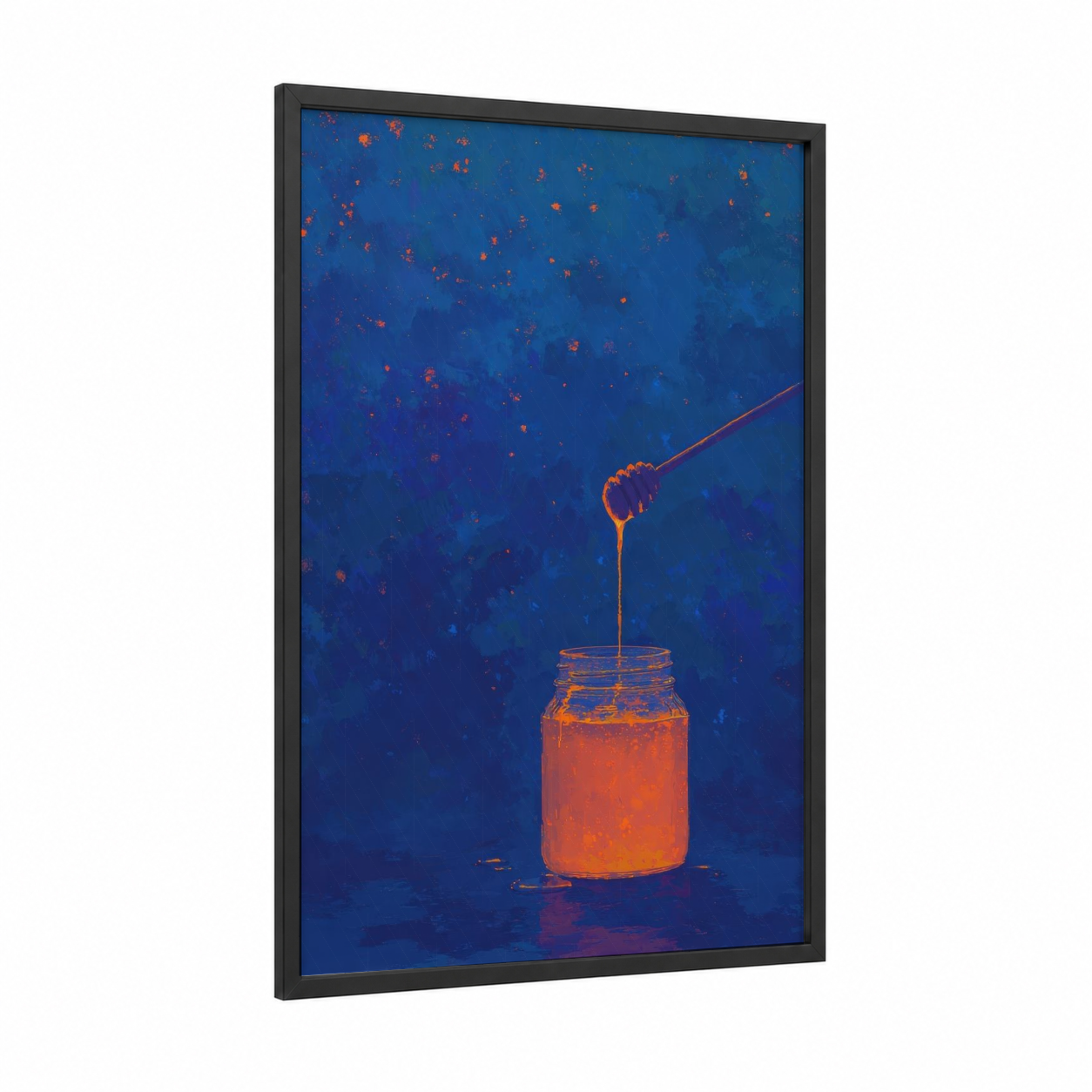 Golden Honey Drip framed condiments print — black wood frame — blue and gold palette