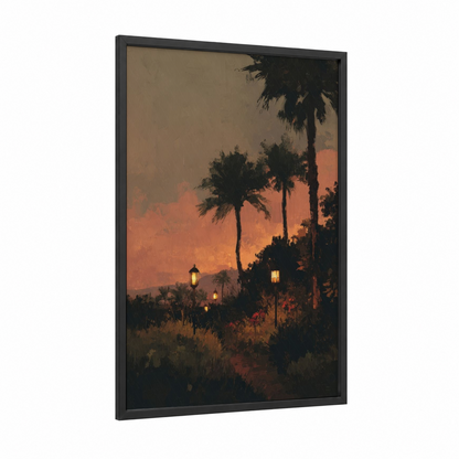 Tropical Oasis Sunset framed art print — black wood frame — orange and gold palette