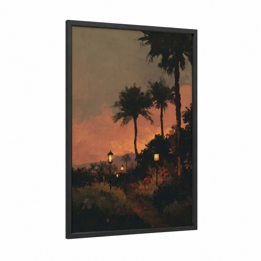 Tropical Oasis Sunset framed art print — black wood frame — orange and gold palette