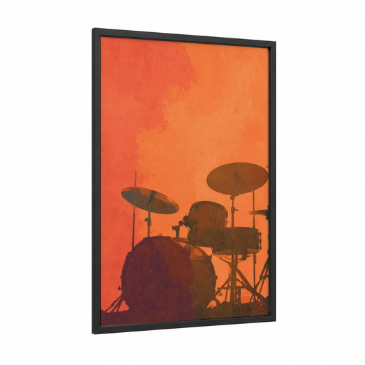 Sunset Drum Kit framed drums print — black wood frame — orange and maroon palette