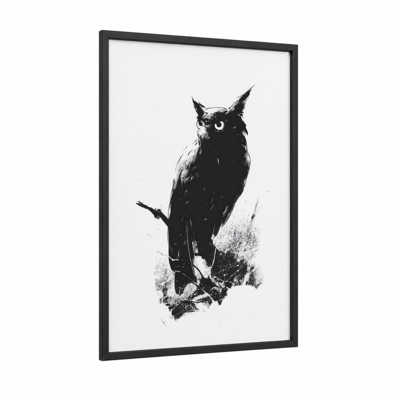Watchful Owl framed art print — black wood frame — black and white palette