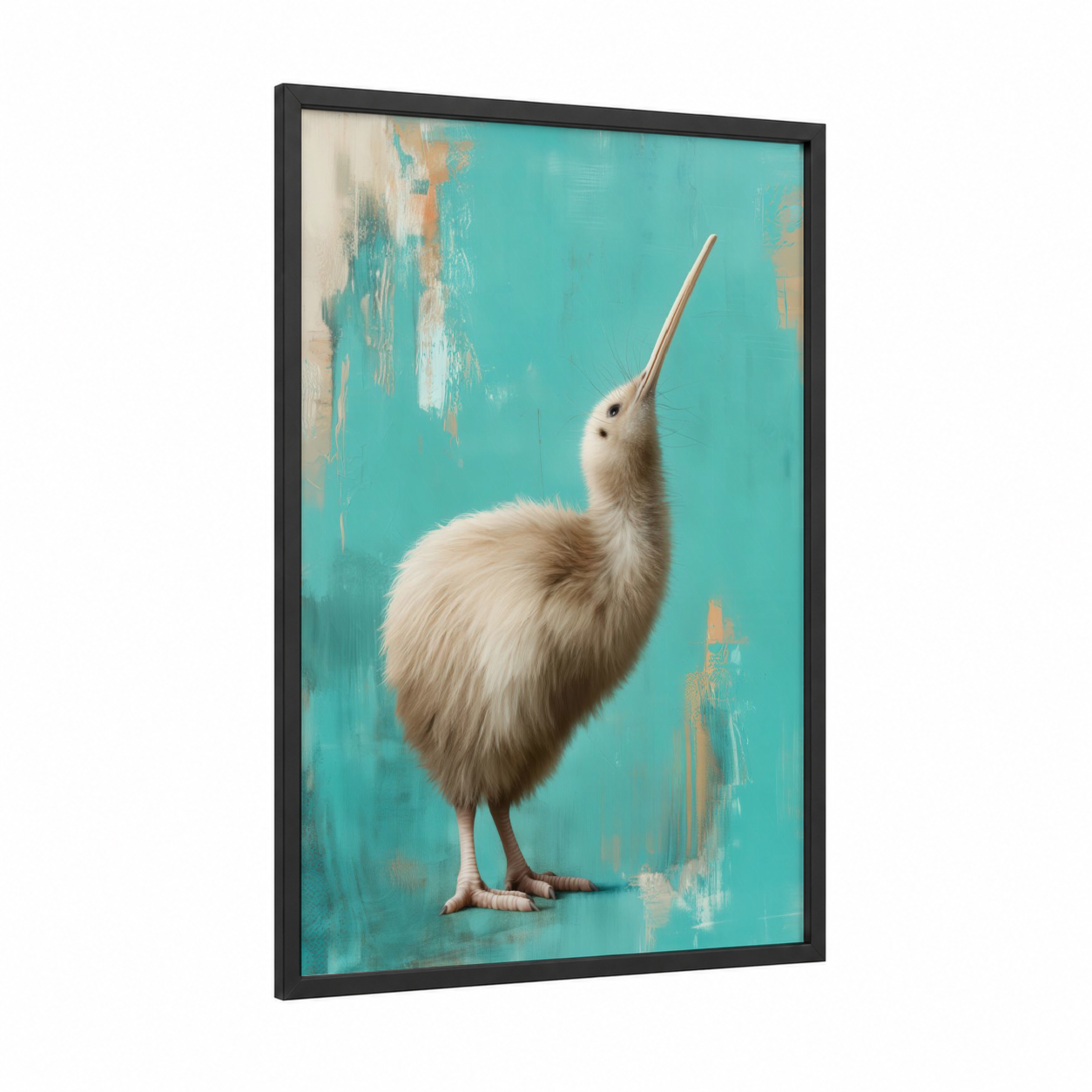 Turquoise Kiwi framed art print — black wood frame — teal and cream palette
