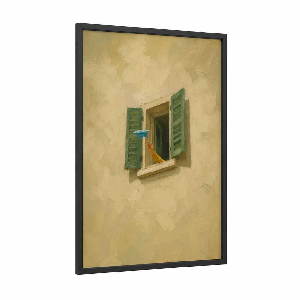 Mediterranean Window With Green Shutters Wall Art framed art print — black wood frame — beige and olive palette