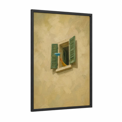 Mediterranean Window With Green Shutters Wall Art framed art print — black wood frame — beige and olive palette
