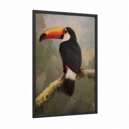 Tropical Toucan framed art print — black wood frame — gold and black palette
