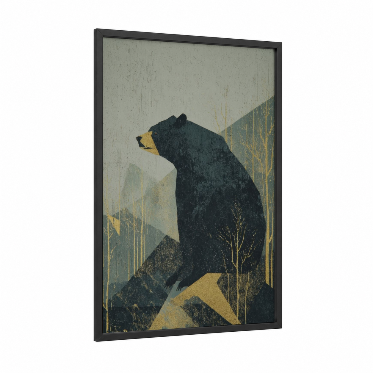 Mountain Sloth Bear framed art print — black wood frame — black and gold palette