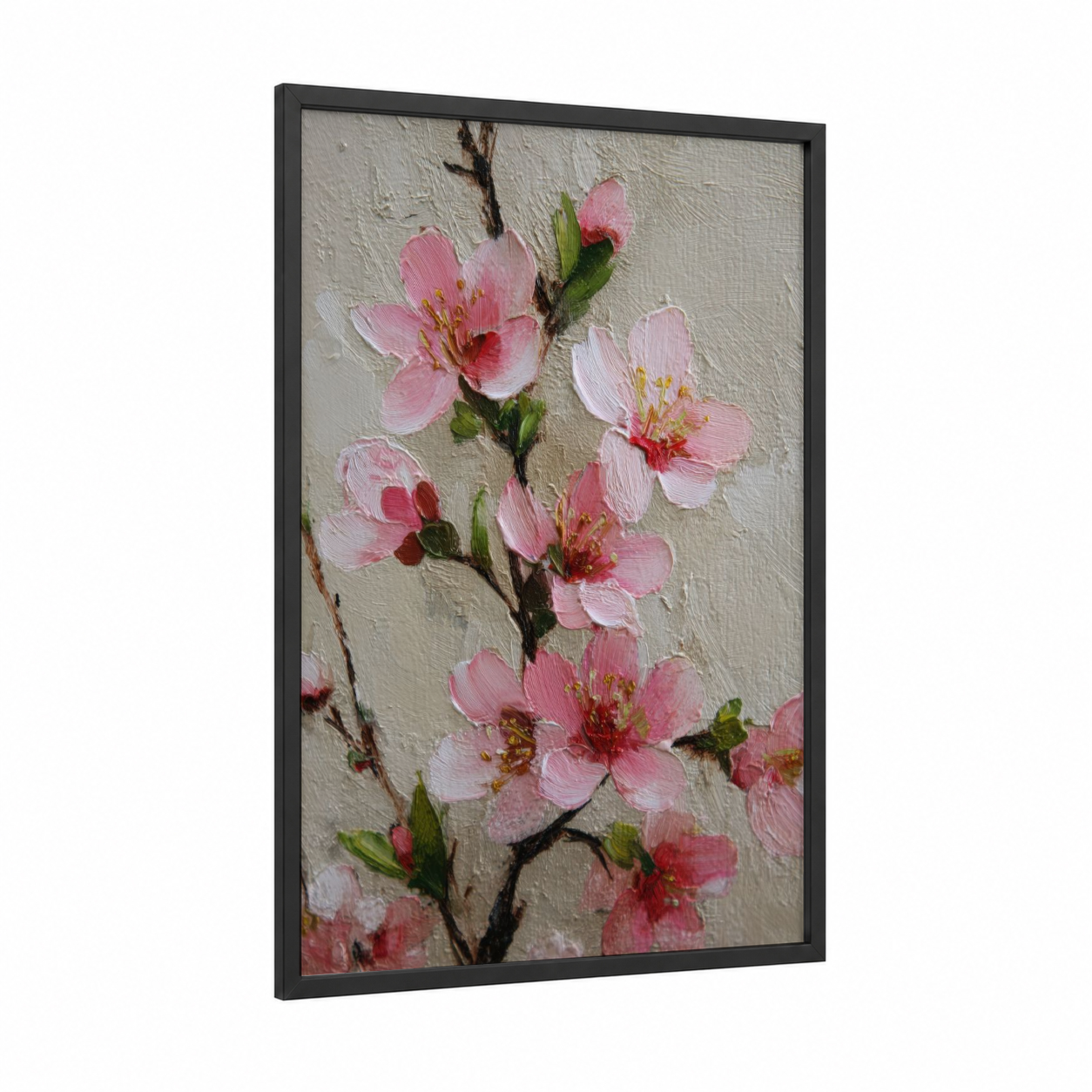Pink Cherry Blossoms framed art print — black wood frame — pink and cream palette