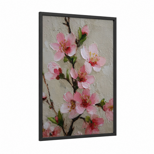 Pink Cherry Blossoms framed art print — black wood frame — pink and cream palette