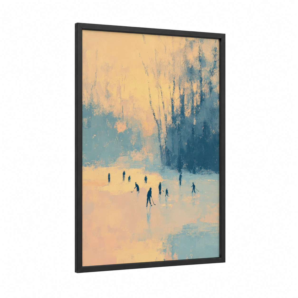 Frozen Lake Skaters framed ice hockey print — black wood frame — blue and gold palette