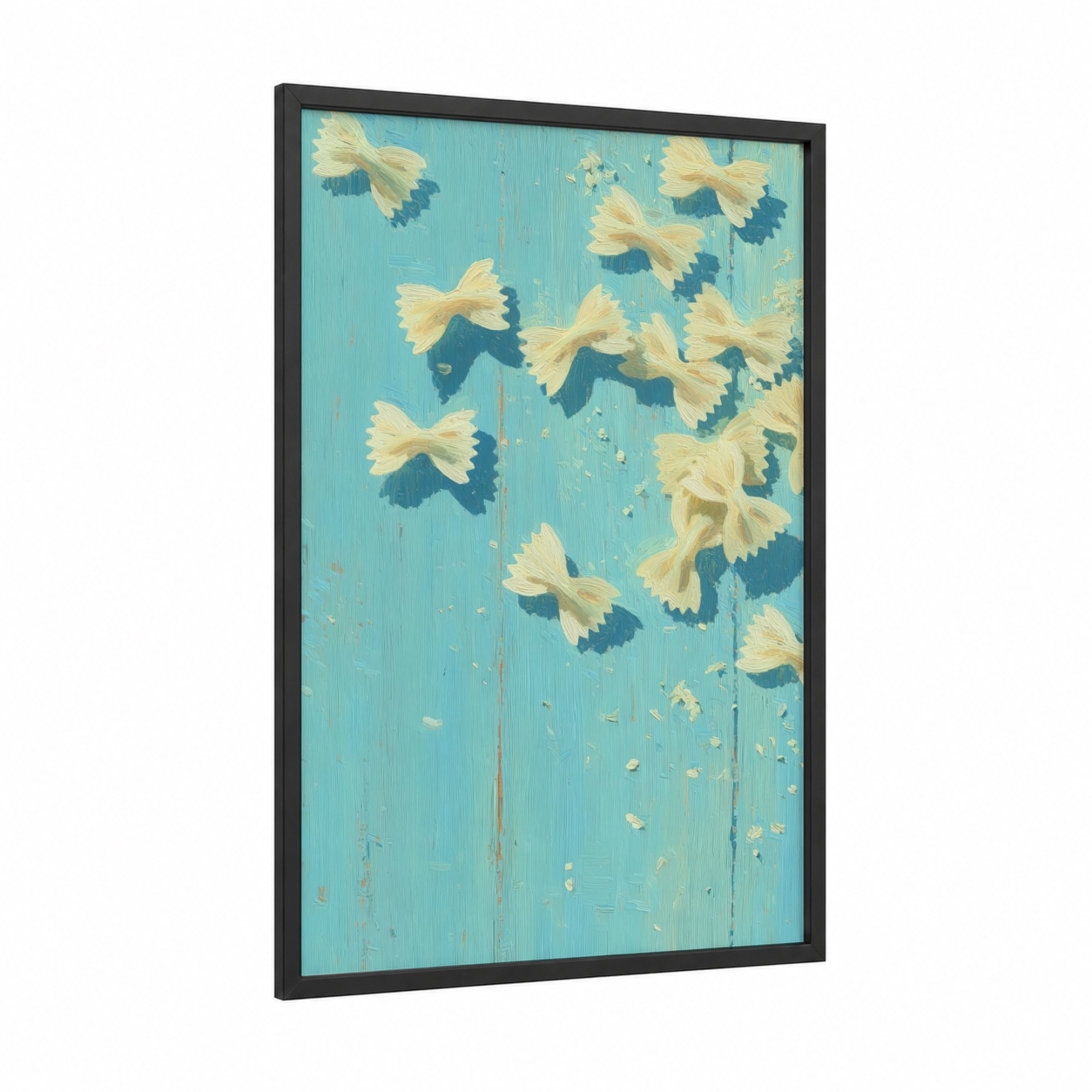 Sunny Pasta Flat framed art print — black wood frame — yellow gold and turquoise palette