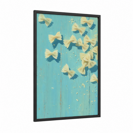 Sunny Pasta Flat framed art print — black wood frame — yellow gold and turquoise palette