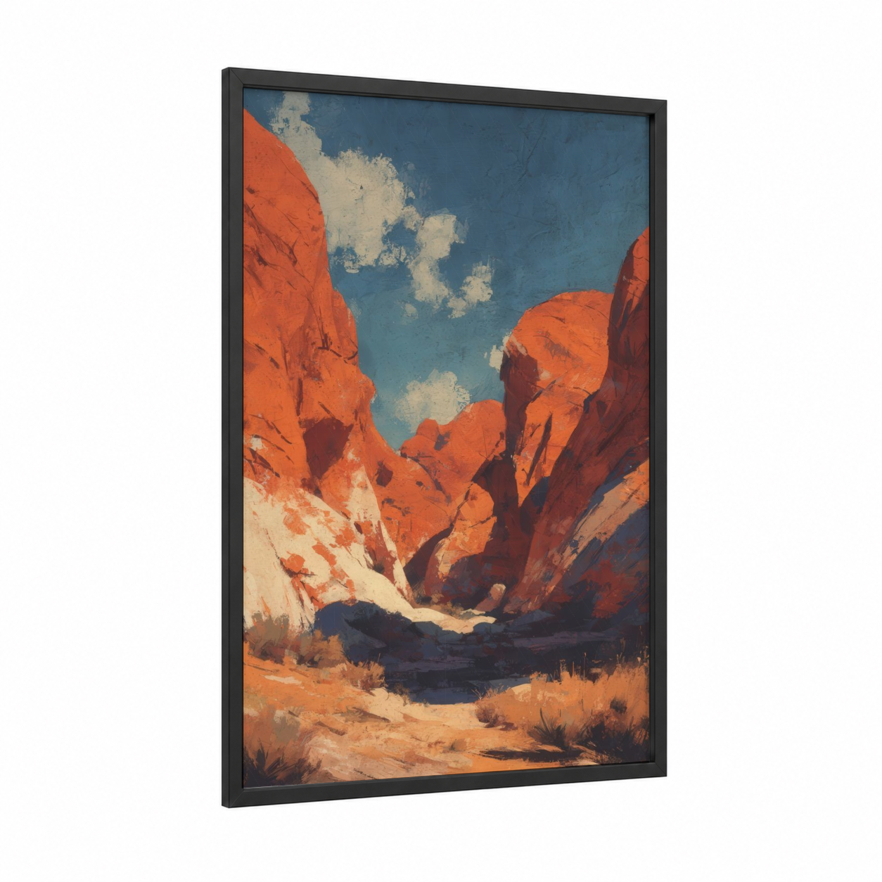 Crimson Canyon framed art print — black wood frame — orange and blue palette