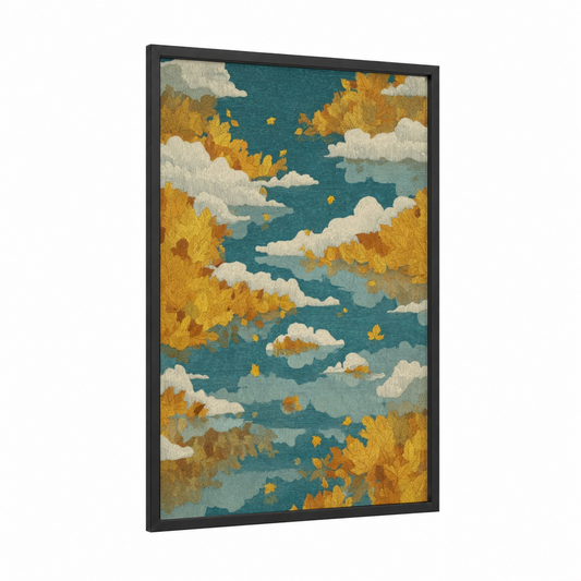 Golden Autumn Sky framed art print — black wood frame — gold and teal palette