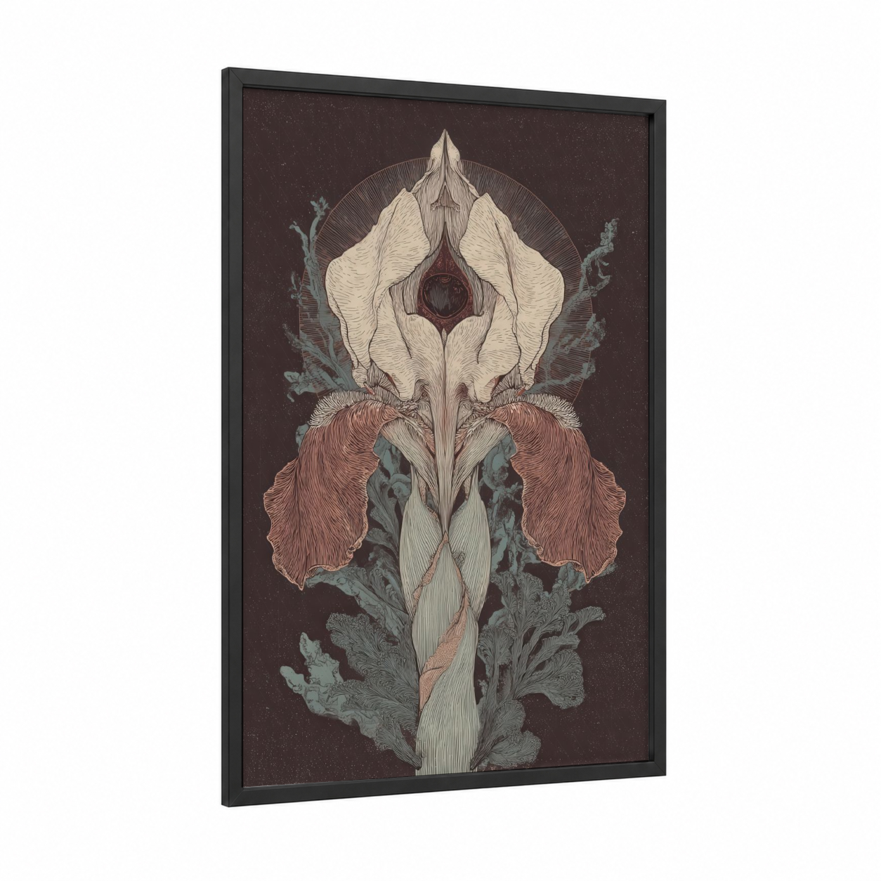 Ethereal Iris Bloom framed art print — black wood frame — cream and maroon palette
