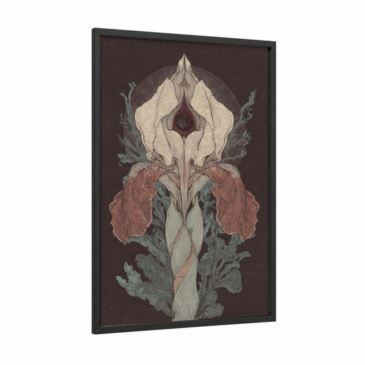 Ethereal Iris Bloom framed art print — black wood frame — cream and maroon palette