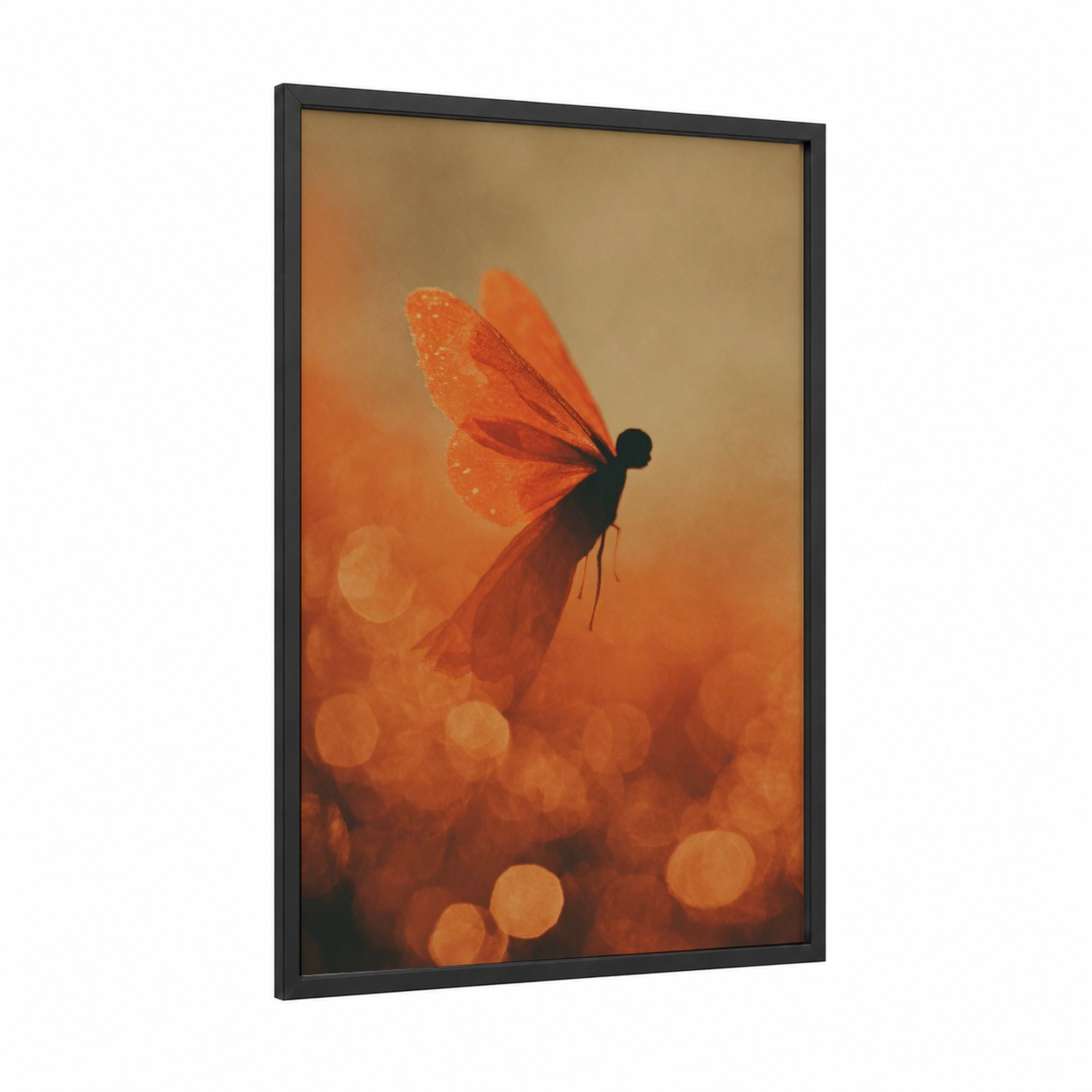 Golden Fairy framed art print — black wood frame — gold and orange palette