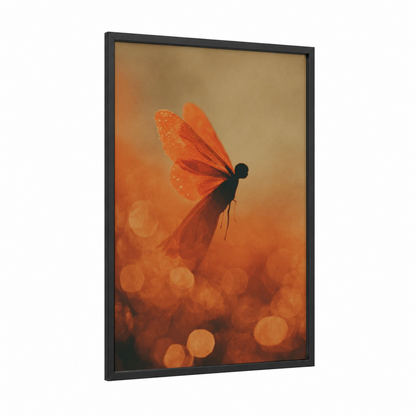 Golden Fairy framed art print — black wood frame — gold and orange palette