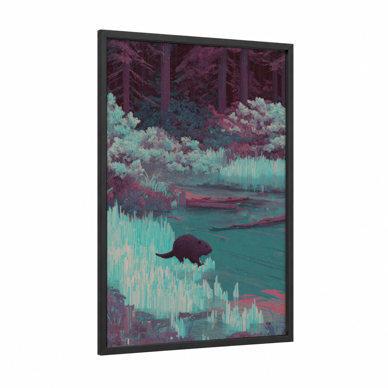 Twilight Beaver framed art print — black wood frame — magenta and turquoise palette