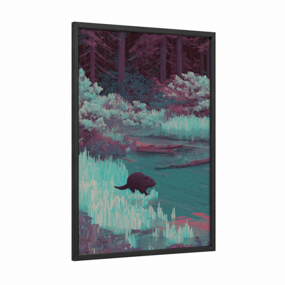 Twilight Beaver framed art print — black wood frame — magenta and turquoise palette