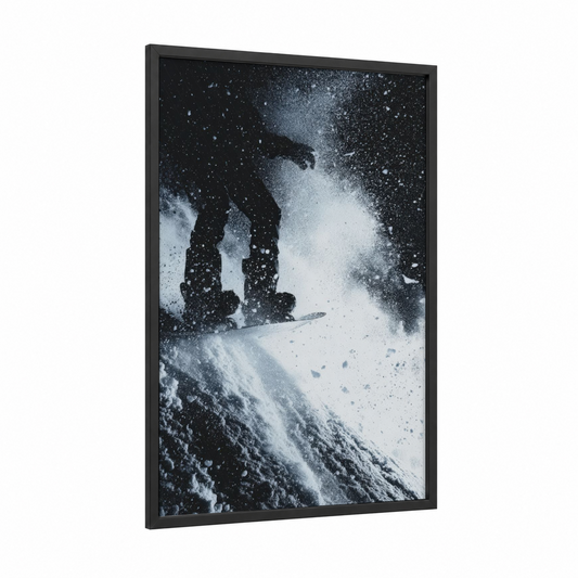 Powder Rush Snowboarder framed snowboarding print — black wood frame — black and white palette