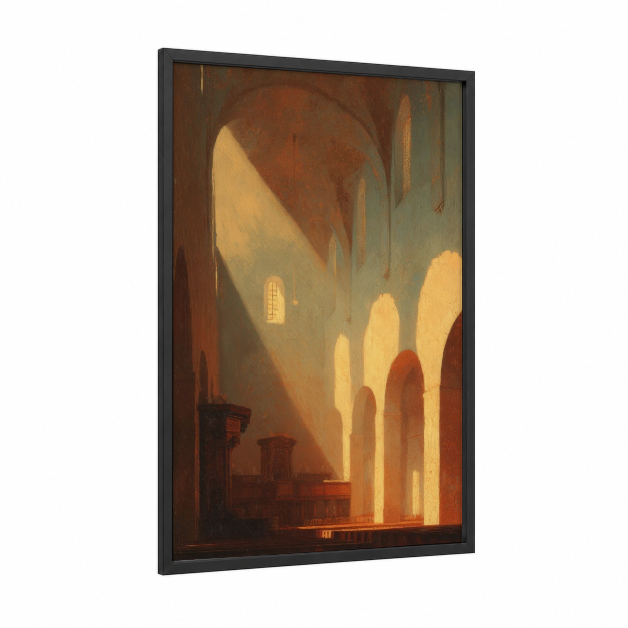 Golden Synagogue Light framed synagogues print — black wood frame — gold and brown palette