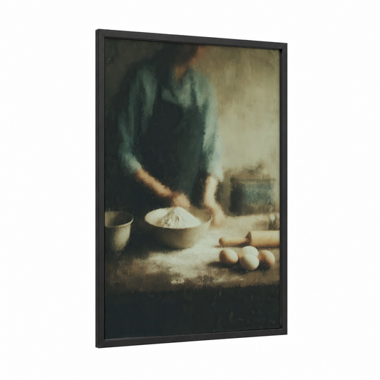 Rustic Baking Moment framed art print — black wood frame — brown and cream palette